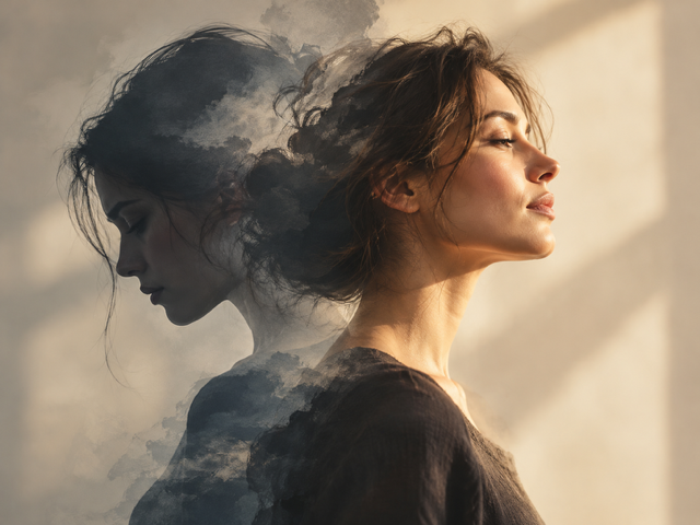 Portrait d’une femme illustrant le passage du doute intérieur à l’apaisement et au changement personnel